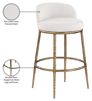 Meridian Furniture Ferro Cream Linen Upholstered Barstool with Brushed Brass Iron Frame for Kitchen Islands 77084Cream-C