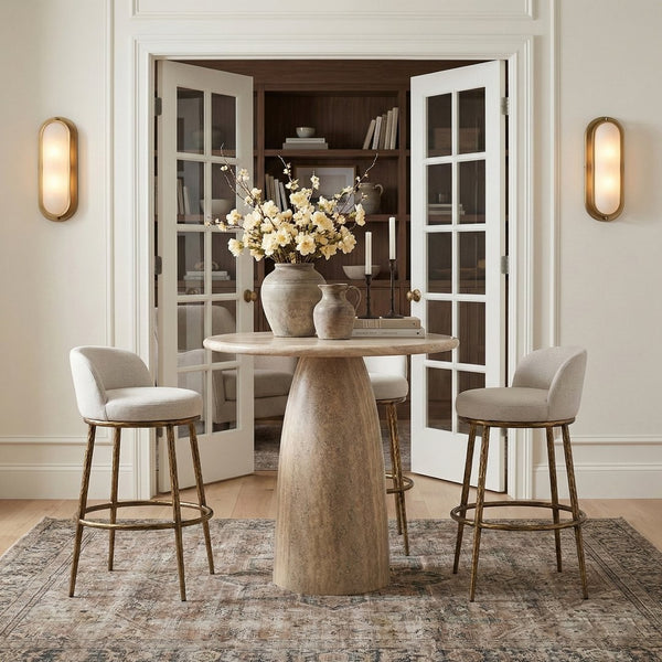 Meridian Furniture Ferro Cream Linen Upholstered Barstool with Brushed Brass Iron Frame for Kitchen Islands 77084Cream-C
