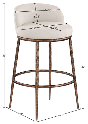 Meridian Furniture Ferro Sculptural Beige Linen Performance Barstool with Brushed Bronze Iron Frame 77085Beige-C