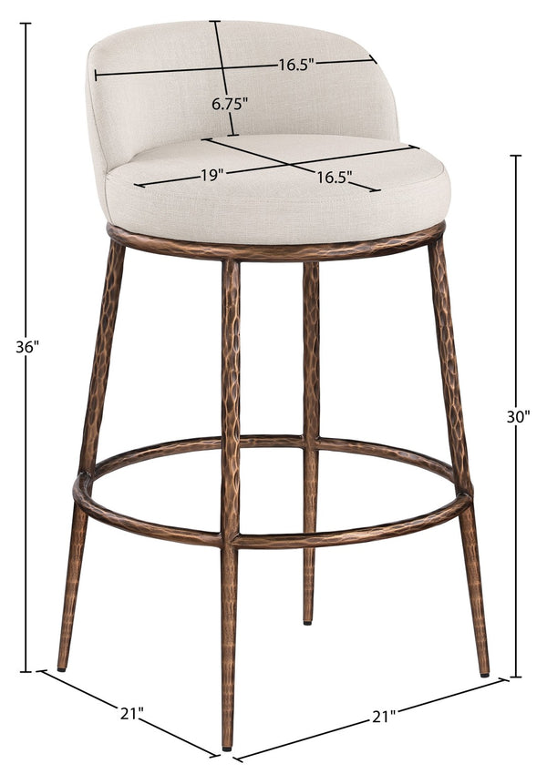 Meridian Furniture Ferro Sculptural Beige Linen Performance Barstool with Brushed Bronze Iron Frame 77085Beige-C