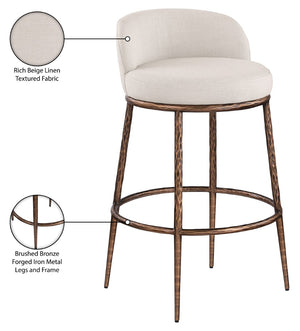 Meridian Furniture Ferro Sculptural Beige Linen Performance Barstool with Brushed Bronze Iron Frame 77085Beige-C
