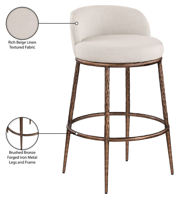 Meridian Furniture Ferro Sculptural Beige Linen Performance Barstool with Brushed Bronze Iron Frame 77085Beige-C