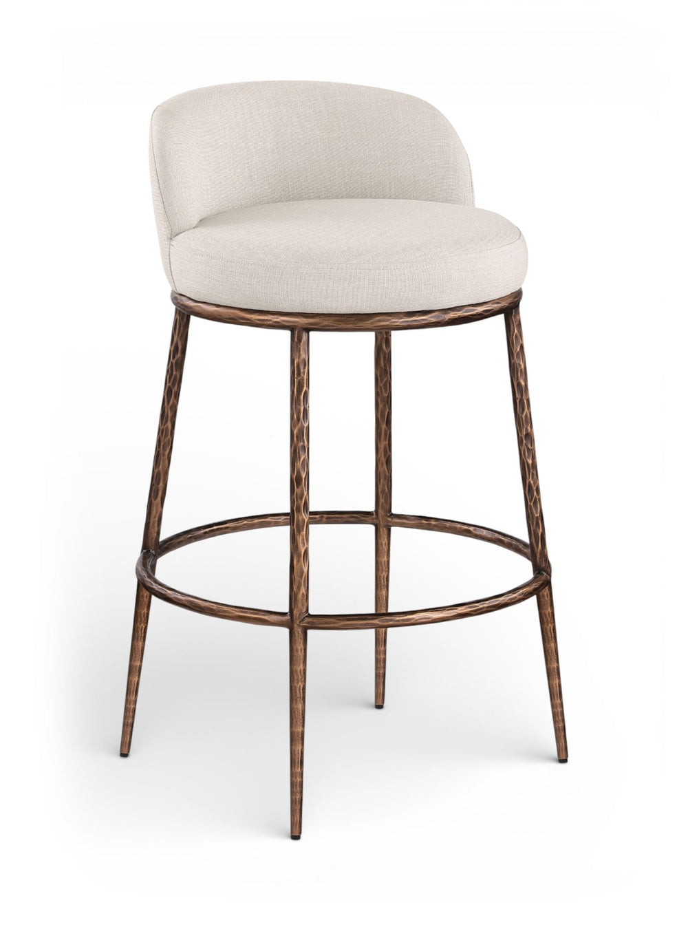 Meridian Furniture Ferro Sculptural Beige Linen Performance Barstool with Brushed Bronze Iron Frame 77085Beige-C
