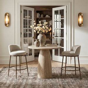 Meridian Furniture Ferro Sculptural Beige Linen Performance Barstool with Brushed Bronze Iron Frame 77085Beige-C