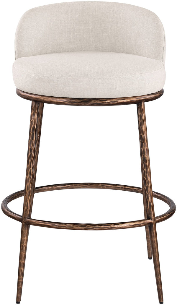 Meridian Furniture Ferro Sculptural Beige Linen Performance Barstool with Brushed Bronze Iron Frame 77085Beige-C