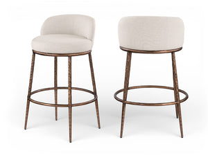 Meridian Furniture Ferro Sculptural Beige Linen Performance Barstool with Brushed Bronze Iron Frame 77085Beige-C