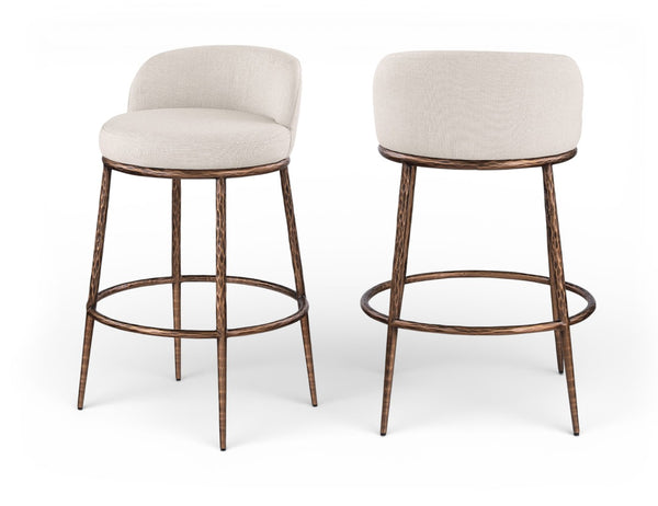 Meridian Furniture Ferro Sculptural Beige Linen Performance Barstool with Brushed Bronze Iron Frame 77085Beige-C