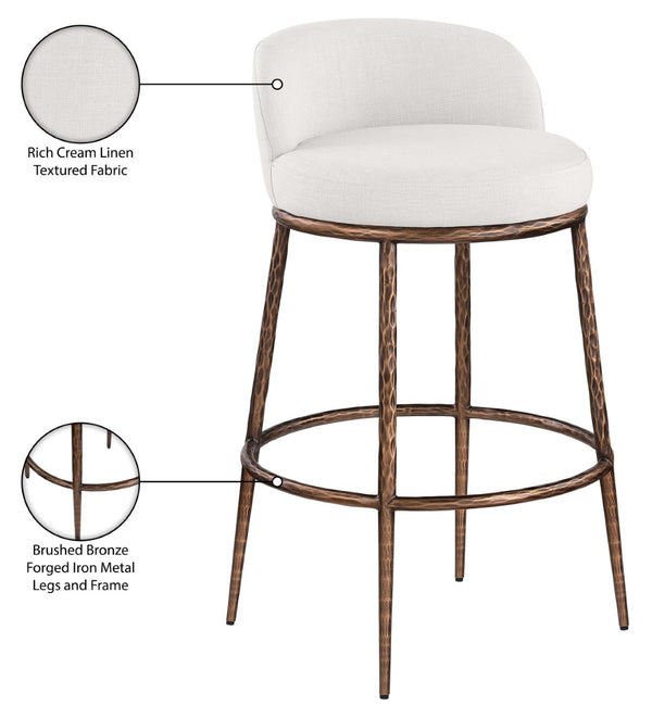 Meridian Furniture Ferro Cream Linen Performance Fabric Barstool with Sculptural Brushed Bronze Iron Frame 77085Cream-C