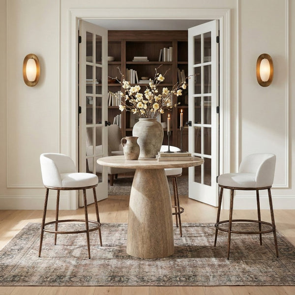 Meridian Furniture Ferro Cream Linen Performance Fabric Barstool with Sculptural Brushed Bronze Iron Frame 77085Cream-C