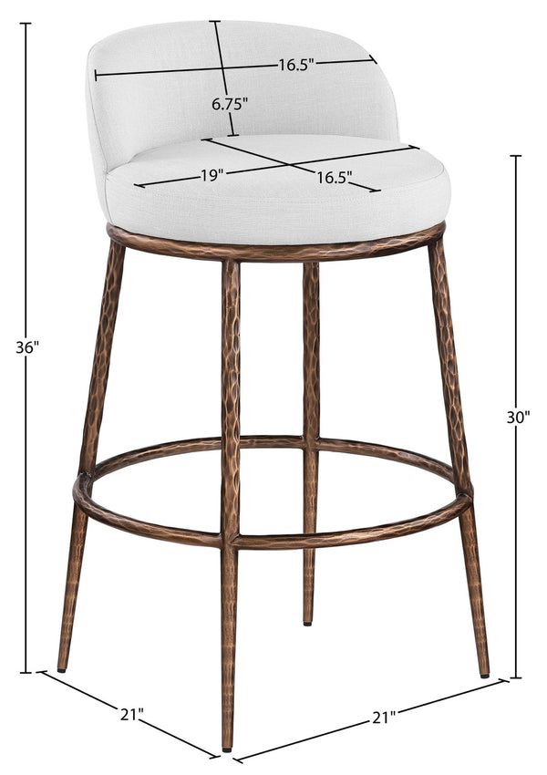 Meridian Furniture Ferro Sculptural Bar Stool with Linen Performance Fabric and Brushed Bronze Iron Frame 77085White-C