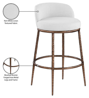 Meridian Furniture Ferro Sculptural Bar Stool with Linen Performance Fabric and Brushed Bronze Iron Frame 77085White-C