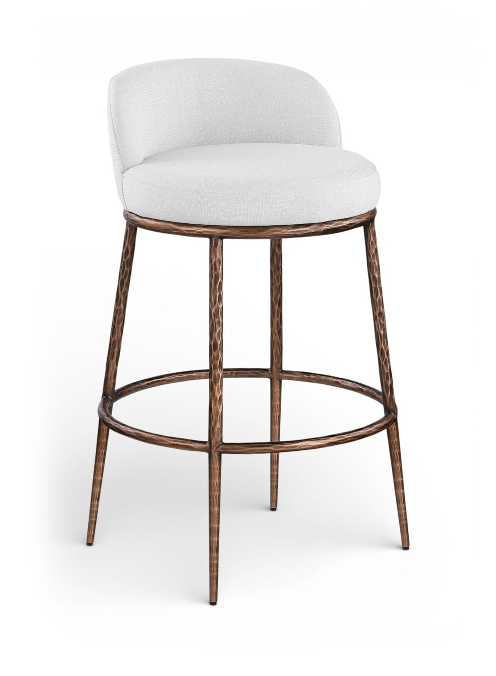 Meridian Furniture Ferro Sculptural Bar Stool with Linen Performance Fabric and Brushed Bronze Iron Frame 77085White-C