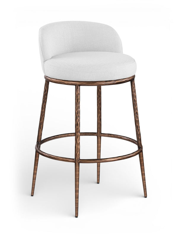 Meridian Furniture Ferro Sculptural Bar Stool with Linen Performance Fabric and Brushed Bronze Iron Frame 77085White-C
