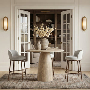 Meridian Furniture Ferro Sculptural Bar Stool with Linen Performance Fabric and Brushed Bronze Iron Frame 77085White-C