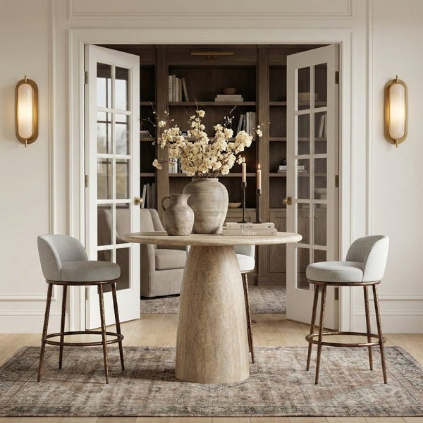 Meridian Furniture Ferro Sculptural Bar Stool with Linen Performance Fabric and Brushed Bronze Iron Frame 77085White-C