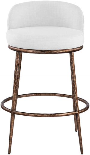 Meridian Furniture Ferro Sculptural Bar Stool with Linen Performance Fabric and Brushed Bronze Iron Frame 77085White-C