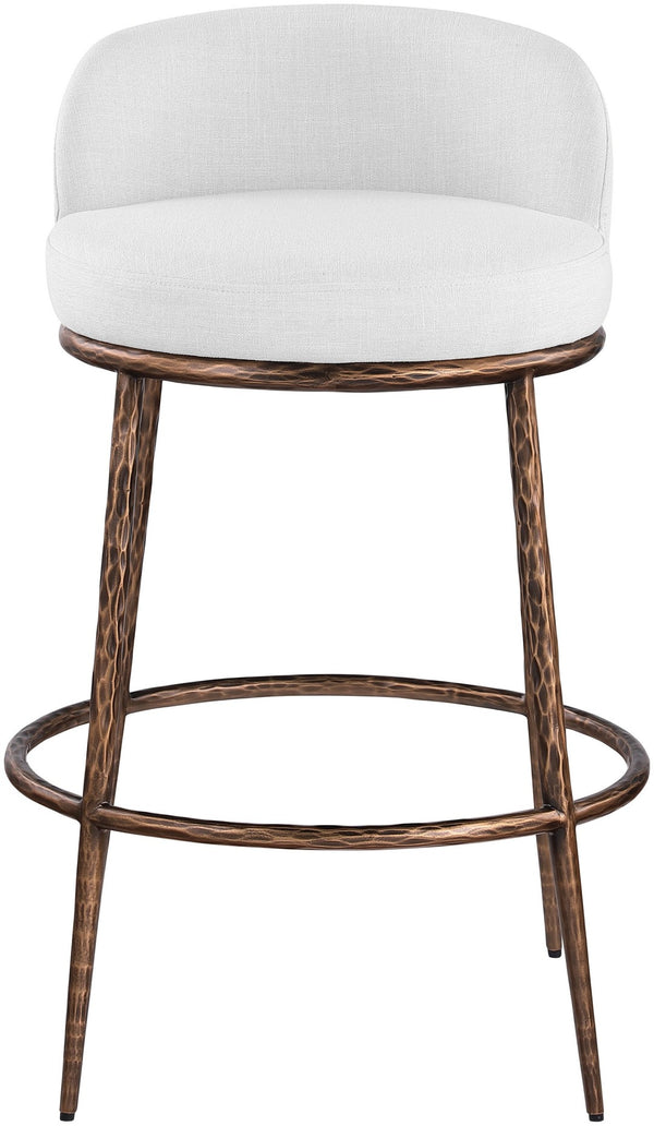 Meridian Furniture Ferro Sculptural Bar Stool with Linen Performance Fabric and Brushed Bronze Iron Frame 77085White-C