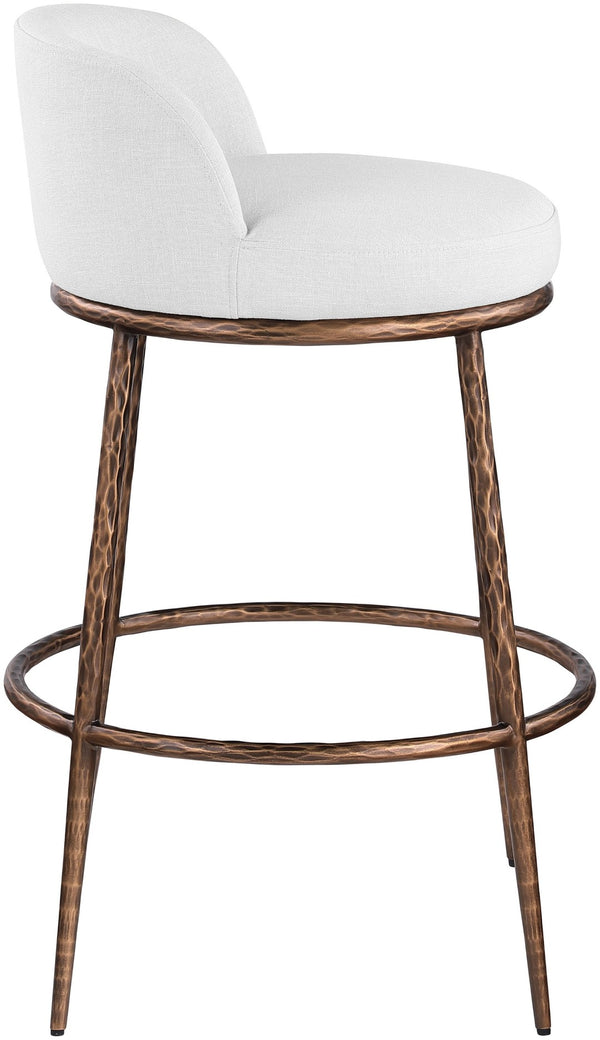 Meridian Furniture Ferro Sculptural Bar Stool with Linen Performance Fabric and Brushed Bronze Iron Frame 77085White-C