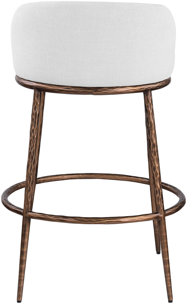 Meridian Furniture Ferro Sculptural Bar Stool with Linen Performance Fabric and Brushed Bronze Iron Frame 77085White-C