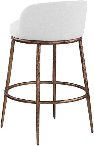Meridian Furniture Ferro Sculptural Bar Stool with Linen Performance Fabric and Brushed Bronze Iron Frame 77085White-C
