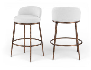 Meridian Furniture Ferro Sculptural Bar Stool with Linen Performance Fabric and Brushed Bronze Iron Frame 77085White-C