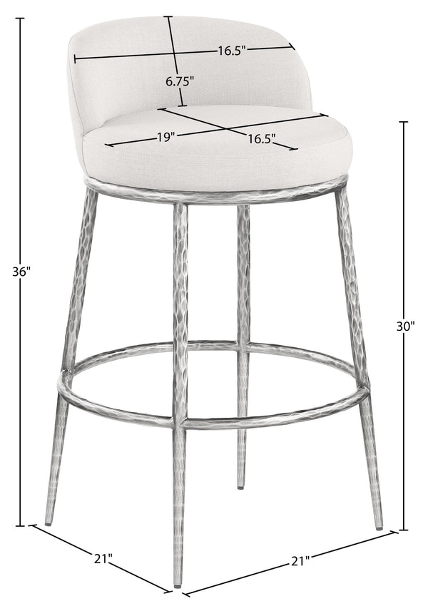 Meridian Furniture Ferro Cream Linen Performance Fabric Barstool with Brushed Silver Forged Iron Legs 77086Cream-C