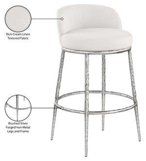 Meridian Furniture Ferro Cream Linen Performance Fabric Barstool with Brushed Silver Forged Iron Legs 77086Cream-C