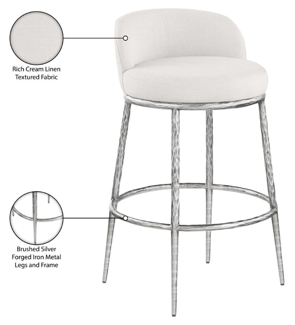 Meridian Furniture Ferro Cream Linen Performance Fabric Barstool with Brushed Silver Forged Iron Legs 77086Cream-C