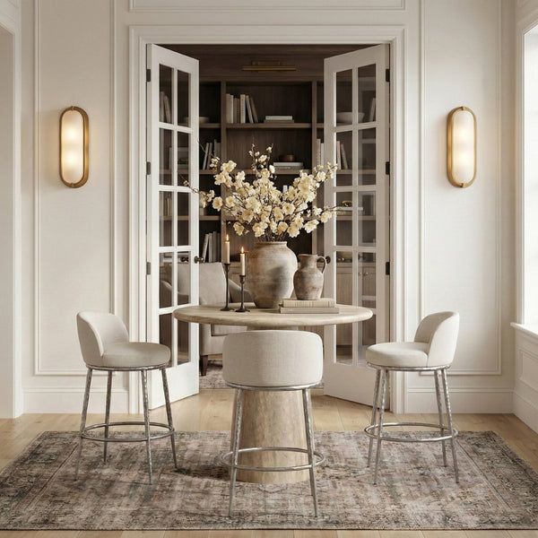 Meridian Furniture Ferro Cream Linen Performance Fabric Barstool with Brushed Silver Forged Iron Legs 77086Cream-C