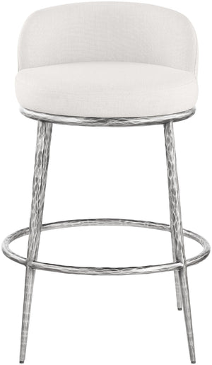 Meridian Furniture Ferro Cream Linen Performance Fabric Barstool with Brushed Silver Forged Iron Legs 77086Cream-C