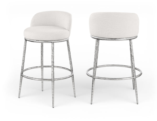 Meridian Furniture Ferro Cream Linen Performance Fabric Barstool with Brushed Silver Forged Iron Legs 77086Cream-C