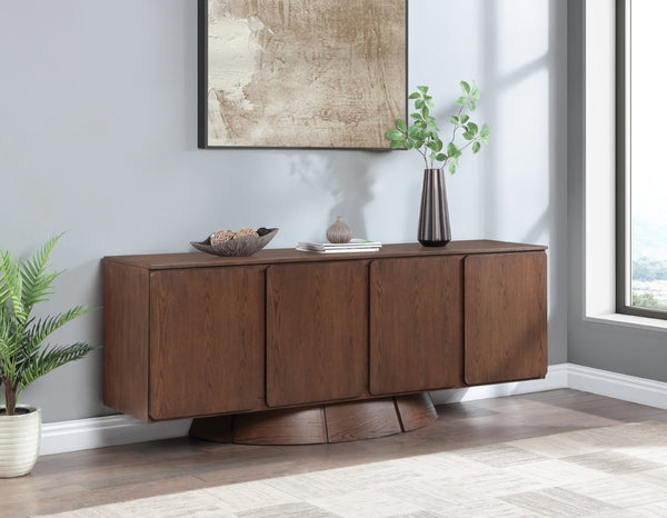 Meridian Furniture Bellona Art Deco Oak Veneer Buffet with Four Doors and Elevated Base for Dining Room Storage Brown 77091Brown