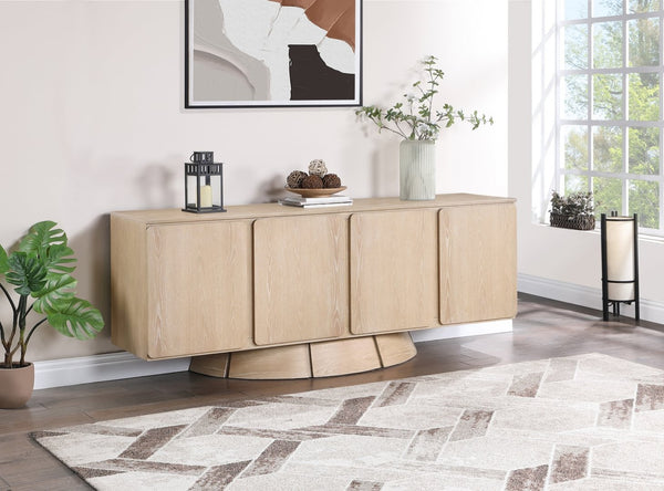 Meridian Furniture Bellona Art Deco Oak Veneer Buffet with Four Doors and Elevated Base for Dining Room Storage Natural 77091Natural