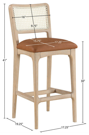 Meridian Furniture Atrium Art Deco Cane Back Bar Stool with Vegan Leather Seat and Cerused Wood Frame Cognac Counter Height 77092Cognac-C