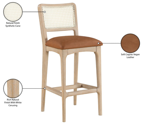 Meridian Furniture Atrium Art Deco Cane Back Bar Stool with Vegan Leather Seat and Cerused Wood Frame Cognac Counter Height 77092Cognac-C