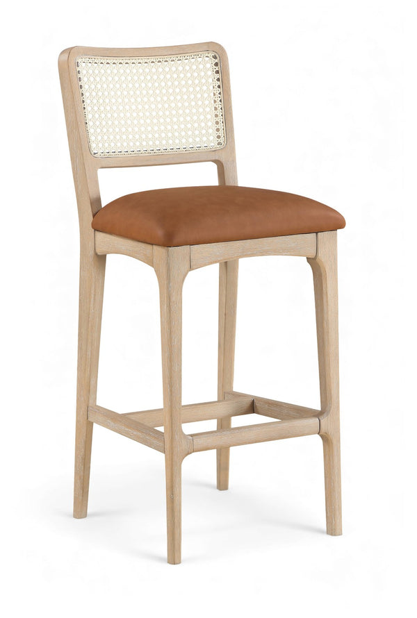 Meridian Furniture Atrium Art Deco Cane Back Bar Stool with Vegan Leather Seat and Cerused Wood Frame Cognac Counter Height 77092Cognac-C