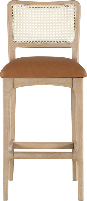 Meridian Furniture Atrium Art Deco Cane Back Bar Stool with Vegan Leather Seat and Cerused Wood Frame Cognac Counter Height 77092Cognac-C