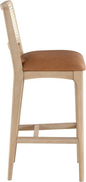 Meridian Furniture Atrium Art Deco Cane Back Bar Stool with Vegan Leather Seat and Cerused Wood Frame Cognac Counter Height 77092Cognac-C