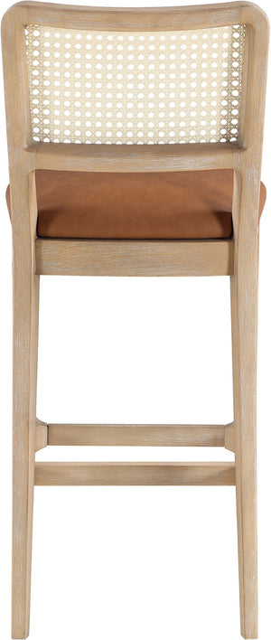 Meridian Furniture Atrium Art Deco Cane Back Bar Stool with Vegan Leather Seat and Cerused Wood Frame Cognac Counter Height 77092Cognac-C