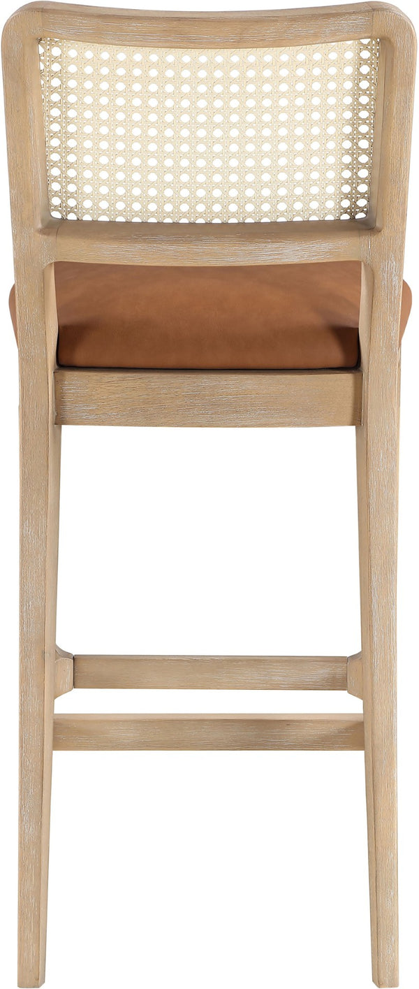 Meridian Furniture Atrium Art Deco Cane Back Bar Stool with Vegan Leather Seat and Cerused Wood Frame Cognac Counter Height 77092Cognac-C