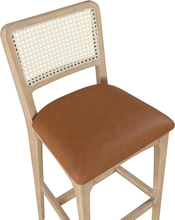 Meridian Furniture Atrium Art Deco Cane Back Bar Stool with Vegan Leather Seat and Cerused Wood Frame Cognac Counter Height 77092Cognac-C