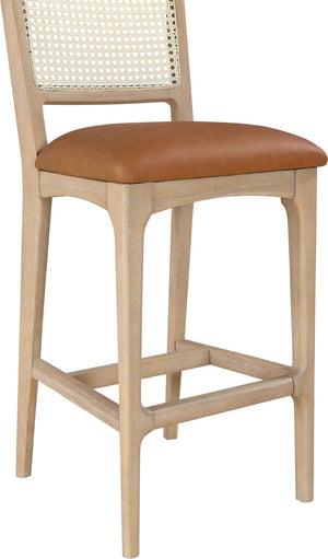Meridian Furniture Atrium Art Deco Cane Back Bar Stool with Vegan Leather Seat and Cerused Wood Frame Cognac Counter Height 77092Cognac-C