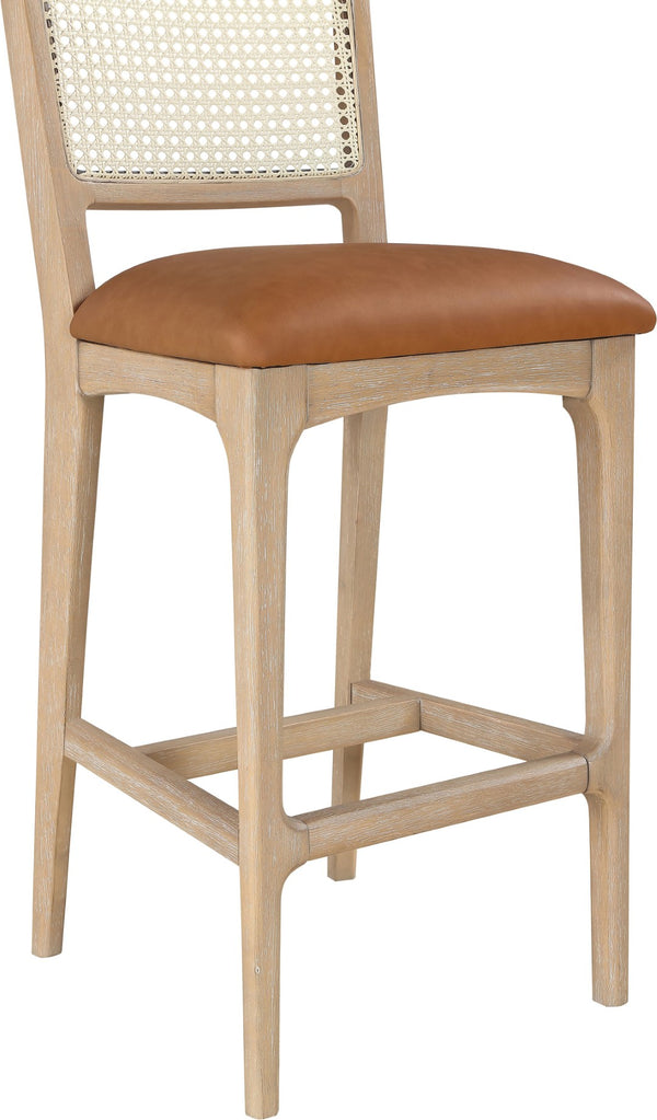 Meridian Furniture Atrium Art Deco Cane Back Bar Stool with Vegan Leather Seat and Cerused Wood Frame Cognac Counter Height 77092Cognac-C