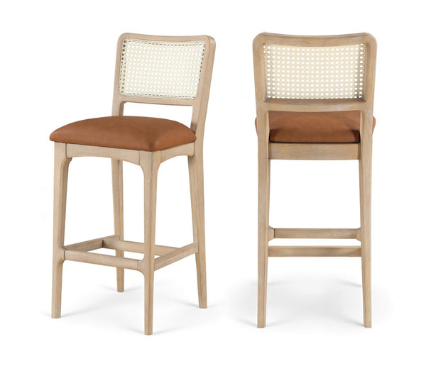 Meridian Furniture Atrium Art Deco Cane Back Bar Stool with Vegan Leather Seat and Cerused Wood Frame Cognac Counter Height 77092Cognac-C