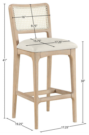 Meridian Furniture Atrium Art Deco Cane Back Bar Stool with Vegan Leather Seat and Cerused Wood Frame Cream Counter Height 77092Cream-C