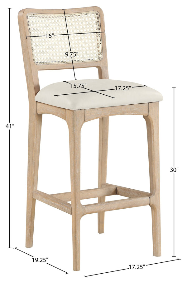 Meridian Furniture Atrium Art Deco Cane Back Bar Stool with Vegan Leather Seat and Cerused Wood Frame Cream Counter Height 77092Cream-C