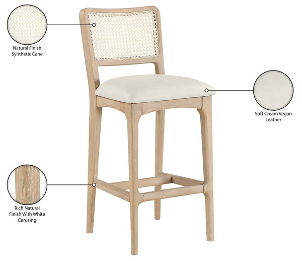 Meridian Furniture Atrium Art Deco Cane Back Bar Stool with Vegan Leather Seat and Cerused Wood Frame Cream Counter Height 77092Cream-C
