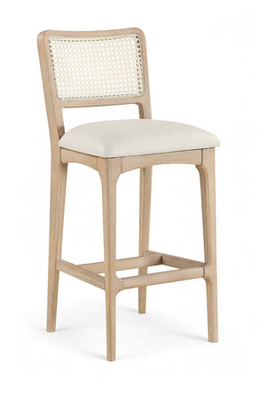 Meridian Furniture Atrium Art Deco Cane Back Bar Stool with Vegan Leather Seat and Cerused Wood Frame Cream Counter Height 77092Cream-C