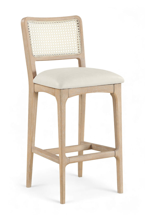 Meridian Furniture Atrium Art Deco Cane Back Bar Stool with Vegan Leather Seat and Cerused Wood Frame Cream Counter Height 77092Cream-C