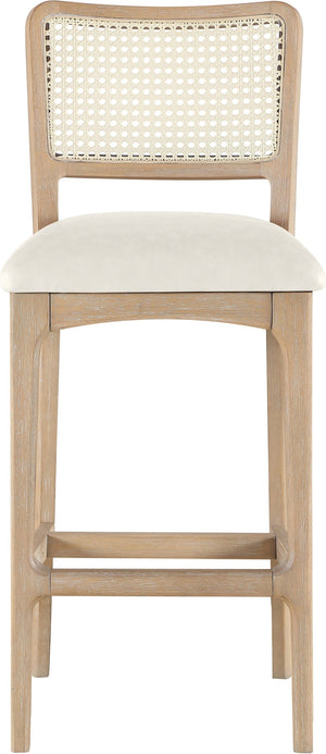 Meridian Furniture Atrium Art Deco Cane Back Bar Stool with Vegan Leather Seat and Cerused Wood Frame Cream Counter Height 77092Cream-C